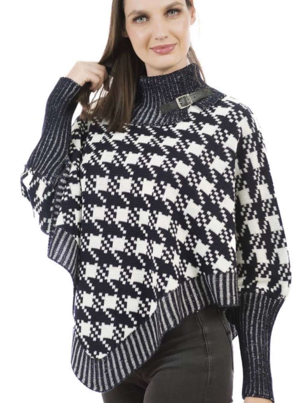 Women's Navy and White Houndstooth Knit Poncho with Buckle Collar